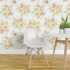 Peel & Stick Wallpaper 2FT Wide Yellow Floral Watercolor Rose Morning Dew Cottagecore Granny Chic Kitsch Large Scale Custom Removable Wallpaper by Spoonflower