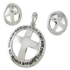 Religious Christian Cross Pendant Earring Set Jesus John 3:16 NIV