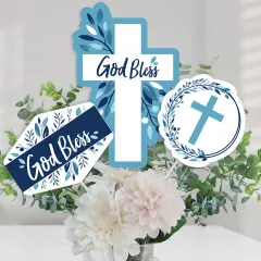 Big Dot of Happiness Baptism Blue Elegant Cross - Boy Religious Party Centerpiece Sticks - Table Toppers - Set of 15