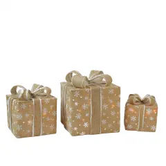 Northlight Lighted Snowflake Burlap Gift Boxes Outdoor Christmas Decorations - Clear - Set of 3 Brown