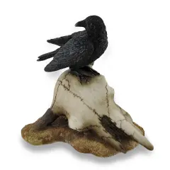Black Crow Perched on Longhorn Skull Sculptural Figurine