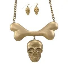 Burnished Goldtone Skull And Bones Bib Necklace - Matching Earrings