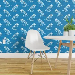Pre-Pasted Wallpaper 2FT Wide Blue Dinosaur Tyrannosaurus Rex Trex Dino Bones Kid Small Scale Jurassic Custom Pre-pasted Wallpaper by Spoonflower