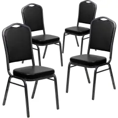 Emma and Oliver 4 Pack Crown Back Stacking Banquet Chair BlackVyl/SilverVein