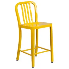 Merrick Lane Santorini Galvanized Steel Indoor/Outdoor Counter Bar Stool With Slatted Back And Powder Coated Finish Yellow