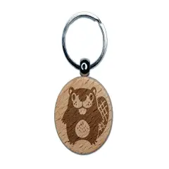 Kawaii Cute Beaver Buddy Engraved Wood Round Keychain Tag Charm