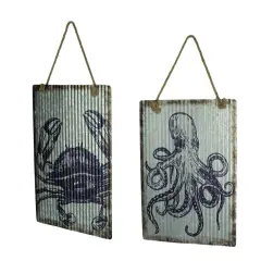 Ribbed Texture Galvanized Metal Octopus and Crab Art Wall Hanging Set