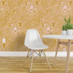 Pre-Pasted Wallpaper 2FT Wide Pink Leopard Mustard Yellow Jumbo Animal Print Bold Spots Custom Pre-pasted Wallpaper by Spoonflower