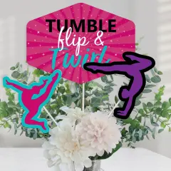 Big Dot of Happiness Tumble, Flip & Twirl - Gymnastics - Birthday Party or Gymnast Party Centerpiece Sticks - Table Toppers - Set of 15