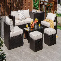 8 Pieces Patio Space-Saving Rattan Furniture Set with Storage Box and Waterproof Cover White