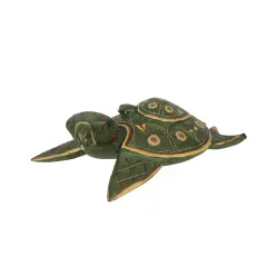 Green Finish Mother And Baby Turtle Hand Carved Wood Sculpture Home Decor Statue