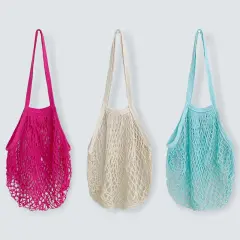 Wrapables Cotton Mesh Net Shopping Bag, Grocery Bag for Vegetables, Produce (Set of 3) Hot Pink Beige Teal