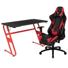 Emma and Oliver Desk Bundle-Gaming Desk, Cup Holder, Headphone Hook and Reclining Chair Red