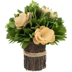 Northlight 9" Tan Poppy Wooden Flowers Standing Bouquet Bundle Green