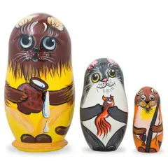 Set of 3 Cats with Milk and Fish Wooden Nesting Dolls 4.25 Inches