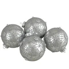 Northlight Glittered Floral Christmas Glass Ball Ornaments - 3.25" (80mm) - Silver - 4ct
