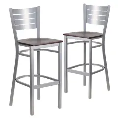 Emma and Oliver 2 Pack Silver Slat Back Metal Restaurant Barstool MahoganyWood/Silver