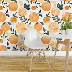 Peel & Stick Wallpaper 2FT Wide Watercolor Fruit Summer Orange Citrus Modern Botanical Bright Custom Removable Wallpaper by Spoonflower