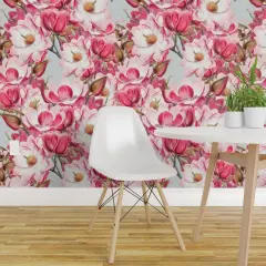 Pre-Pasted Wallpaper 2FT Wide Garden Floral Magnolia Botanical Large Scale Flowers Summer Spring Preppy Custom Pre-pasted Wallpaper by Spoonflower