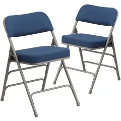 Emma and Oliver 2 Pack Premium Curved Triple Braced & Hinged Fabric Upholstered Metal Folding Chair Navy