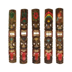 Set of 5 Double Tiki Mask Totem Wall Decor Hand Carved Tribal Sculpture 40 Inch