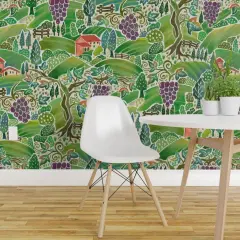Pre-Pasted Wallpaper 2FT Wide Green Countryside Grapes Italy Vineyard Tuscany Meadows Farmland Farms Red Wine Purple Large Scale Custom Pre-pasted Wallpaper by Spoonflower