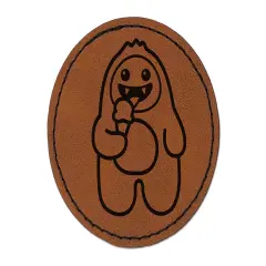 Yeti Abominable Snowman Eating Ice Cream Round Iron-On Engraved Faux Leather Patch Applique - 2.5" Brown