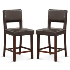Costway Set of 2 Upholstered Linen Bar Stools 24.5'' Wooden Dining Chairs with Back Beige/Brown
