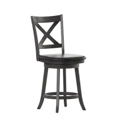 Merrick Lane Sora 24" Classic Wooden Crossback Swivel Counter Height Pub Stool with Upholstered Padded Seat and Integrated Footrest GrayWashWalnut/Black