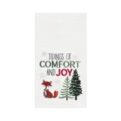 27" x 18" Christmas Holuiday "Tidings of Comfort & Joy" Sentiment with Fox Embroidered Waffle Weave Cotton Kitchen Dish Towel