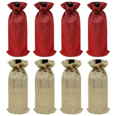 Wrapables Reusable Burlap Wine Bags, Rustic Gift Bags with Drawstring (Set of 8) Burgundy Natural