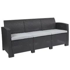 Merrick Lane Malmok Outdoor Furniture Resin Sofa Faux Rattan Wicker Pattern Patio 3-Seat Sofa With All-Weather Cushions Dark Gray