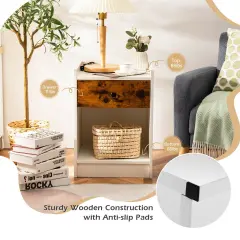 Set of 2 End Side Table Nightstand with Sliding Drawer and One Open Compartment White