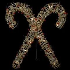 Northlight 25" Lighted Champagne Gold Glittered Rattan Double Candy Cane Christmas Outdoor or Window Decoration