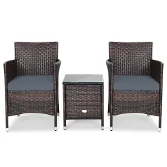 3 Pieces Patio Wicker Rattan Furniture Set with Steel Frame and Polyester Cushions Grey