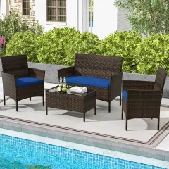 4 Piece Patio Rattan Conversation Set With Cozy Seat Cushions Navy