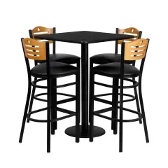Emma and Oliver 30'' Square Laminate Table Set with 4 Wood Slat Back Metal Barstools Black