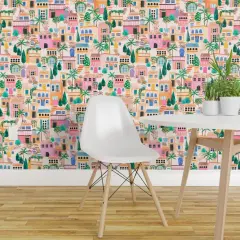 Pre-Pasted Wallpaper 2FT Wide Pink Lake Seaside Palm Trees Houses Garden Tropical Italian Hand Painted Villa Adventure Plants Medium Scale Custom Pre-pasted Wallpaper by Spoonflower