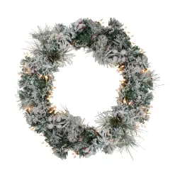 Northlight Pre-lit Heavily Flocked Pine Artificial Christmas Wreath - 24" - Clear Lights Green