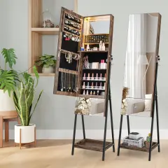 Costway Jewelry Cabinet Armoire Full-Length&nbsp;Mirror with 3-Color LED Lights tip-out Drawer Brown/White