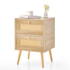 Costway 1/2 PCS Rattan Nightstand Boho Accent Bedside Table with 2 Storage Drawers Natural