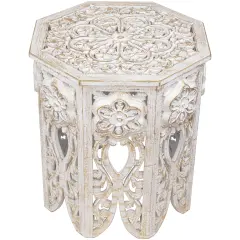 Northlight 18" Antique White and Brushed Gold Carved Octagonal Side Table
