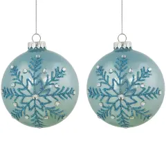Northlight Glittered and Jeweled Snowflake Christmas Glass Ball Ornaments - 4" - Ice Blue