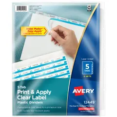 Avery 5 Tab Plastic Dividers for 3 Ring Binder, Easy Print & Apply Clear Label Strip, Index Maker Customizable Frosted White Tabs, 5 Sets (12449)
