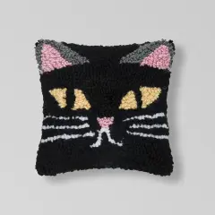 Black Cat Small Petite Hooked Halloween Accent Pillow, 8" x 8"