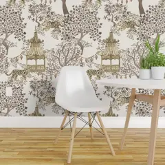 Pre-Pasted Wallpaper 2FT Wide Chinoiserie Pagoda Leopard Print Watercolor Neutral Brown Cream Large Scale Custom Pre-pasted Wallpaper by Spoonflower