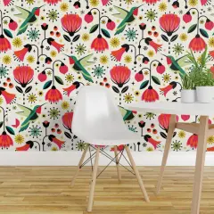 Peel & Stick Wallpaper 2FT Wide Hummingbird Vintage Flowers Floral Retro Mod Mid Century Scandi Red Yellow Green Custom Removable Wallpaper by Spoonflower