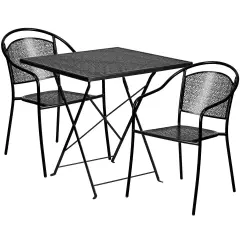 Emma and Oliver Commercial Grade 28" Square Metal Folding Patio Table Set w/ 2 Round Back Chairs Black