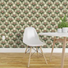 Pre-Pasted Wallpaper 2FT Wide Art Nouveau Mushrooms Botanical Nature Olive Green Toadstool Vintage Inspired Cream Custom Pre-pasted Wallpaper by Spoonflower