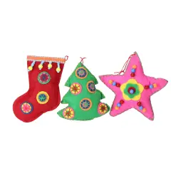 Raz Set of 3 Vibrantly Colored Bohemian Plush Star, Tree, and Stocking Christmas Ornaments 5" Red